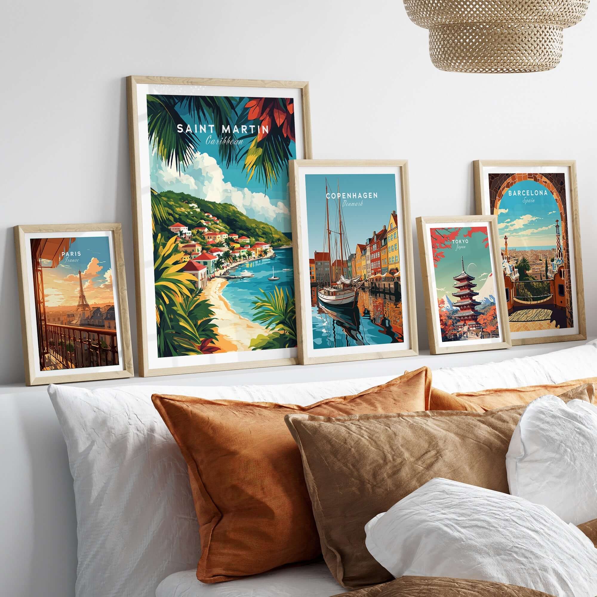 Saint Martin Travel Print featured among vibrant travel posters, showcasing Caribbean charm and wanderlust inspiration.