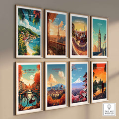 Saint Martin Travel Print among vibrant travel posters including Paris, Barcelona, and London on display.