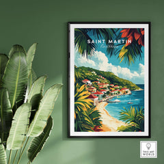 Saint Martin Travel Print showcasing vibrant Caribbean scenery and lush greenery, perfect for home decor.