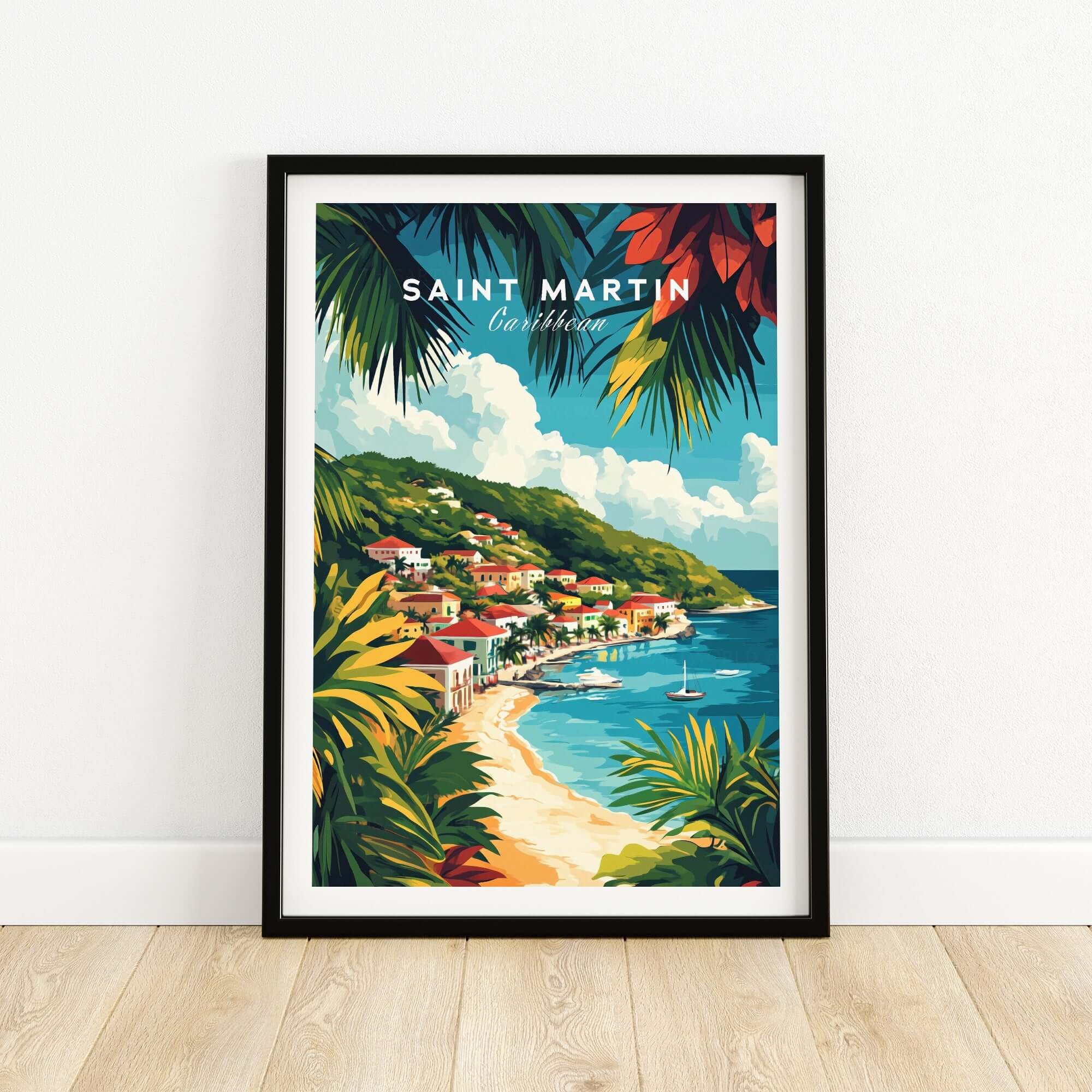 Saint Martin Travel Print showcasing vibrant Caribbean scenery and tropical charm in a decorative framed poster.