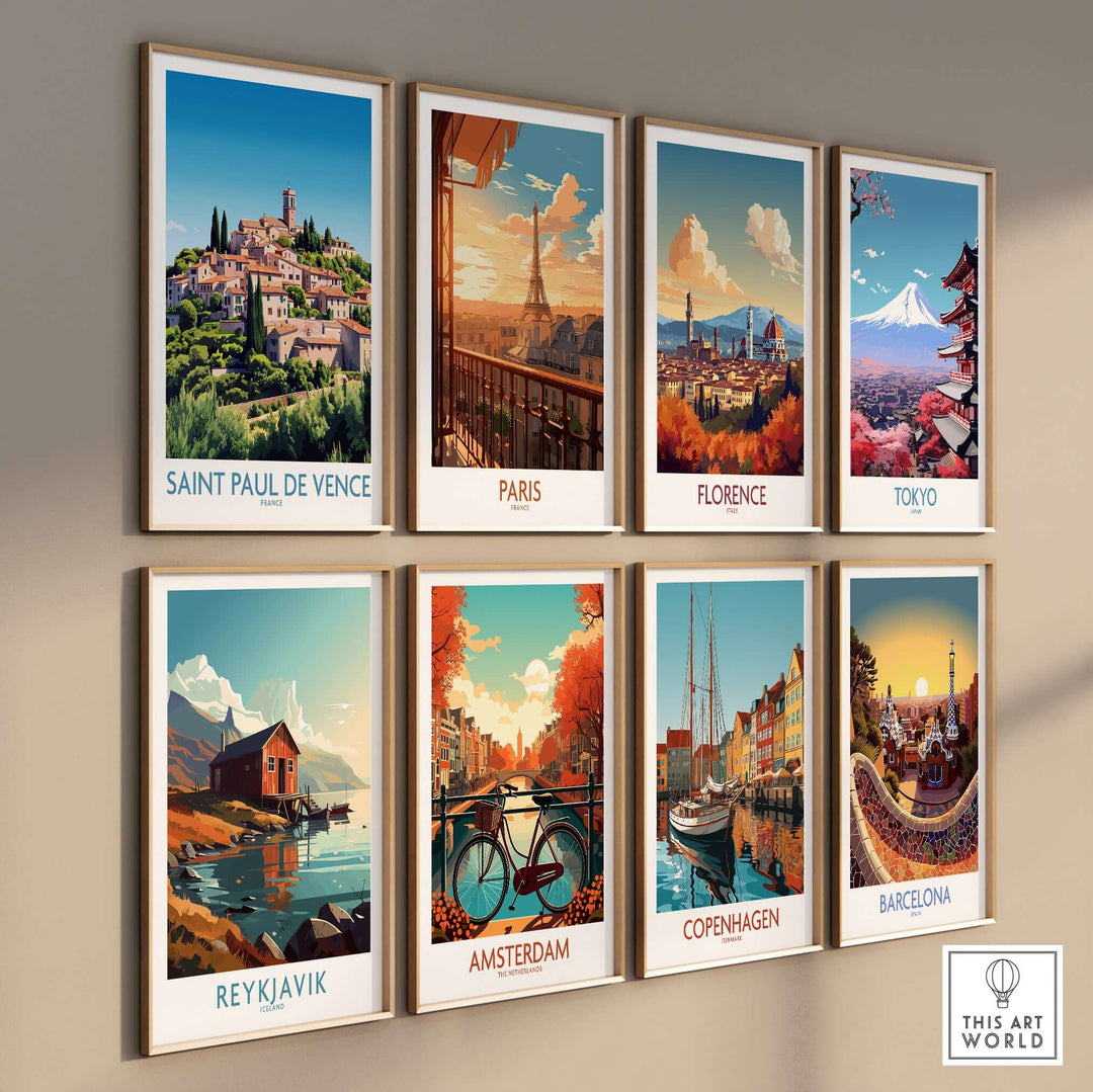 Collection of travel posters including Saint Paul de Vence, Paris, and Florence showcasing iconic landmarks.