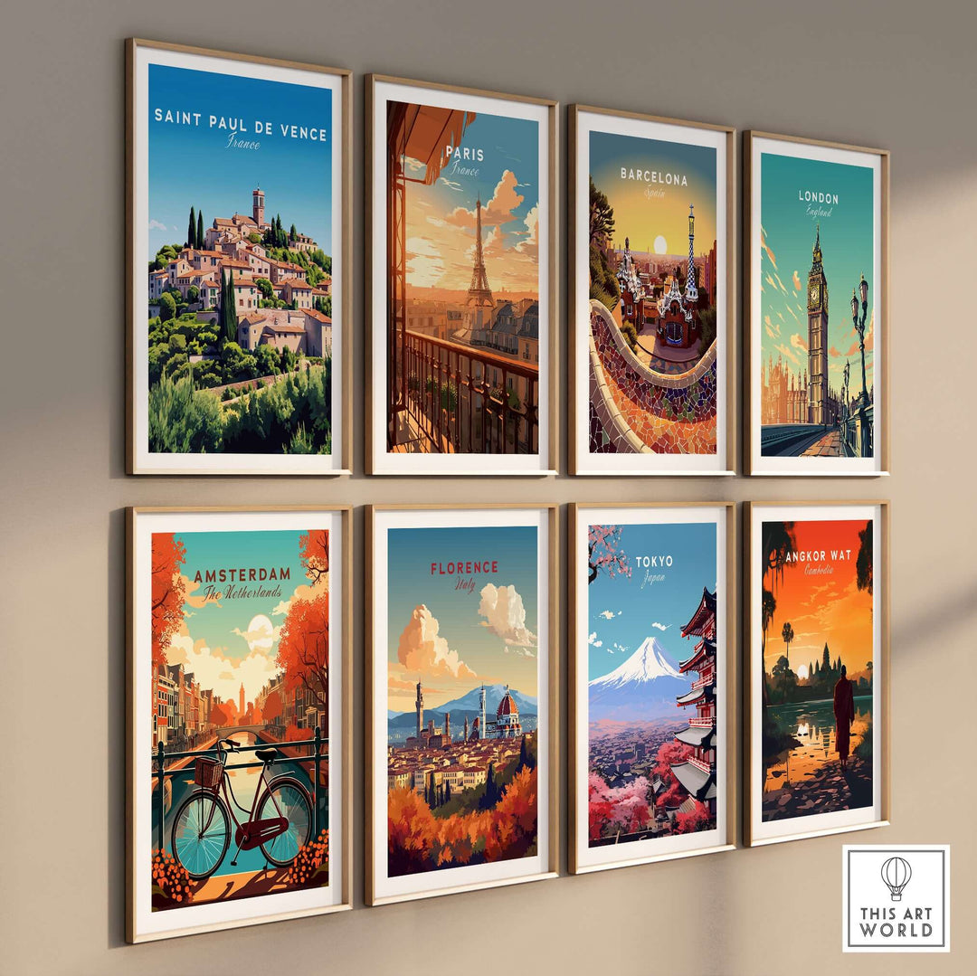 Gallery of travel posters featuring iconic cities including Saint Paul de Vence, Paris, and London in warm colors.