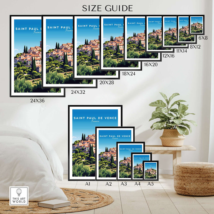 Saint Paul de Vence print size guide showcasing various frame sizes for rustic wall decor.