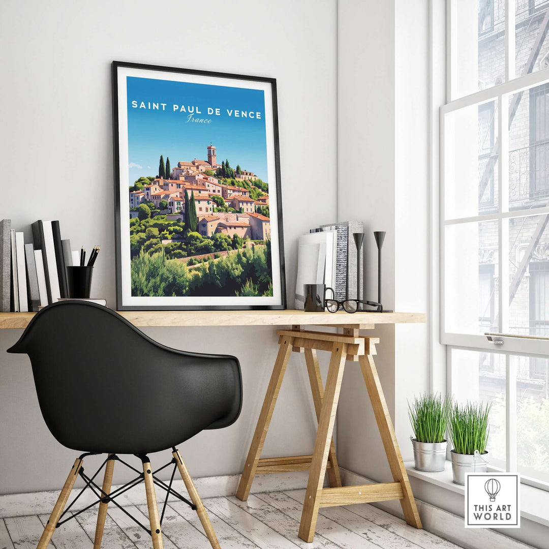 Saint Paul de Vence print displayed in a modern workspace, showcasing Provence village wall decor.