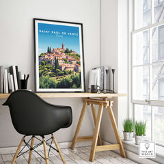 Saint Paul de Vence Print - Provence Village Wall Decor - French Countryside Poster displayed in a stylish home office.