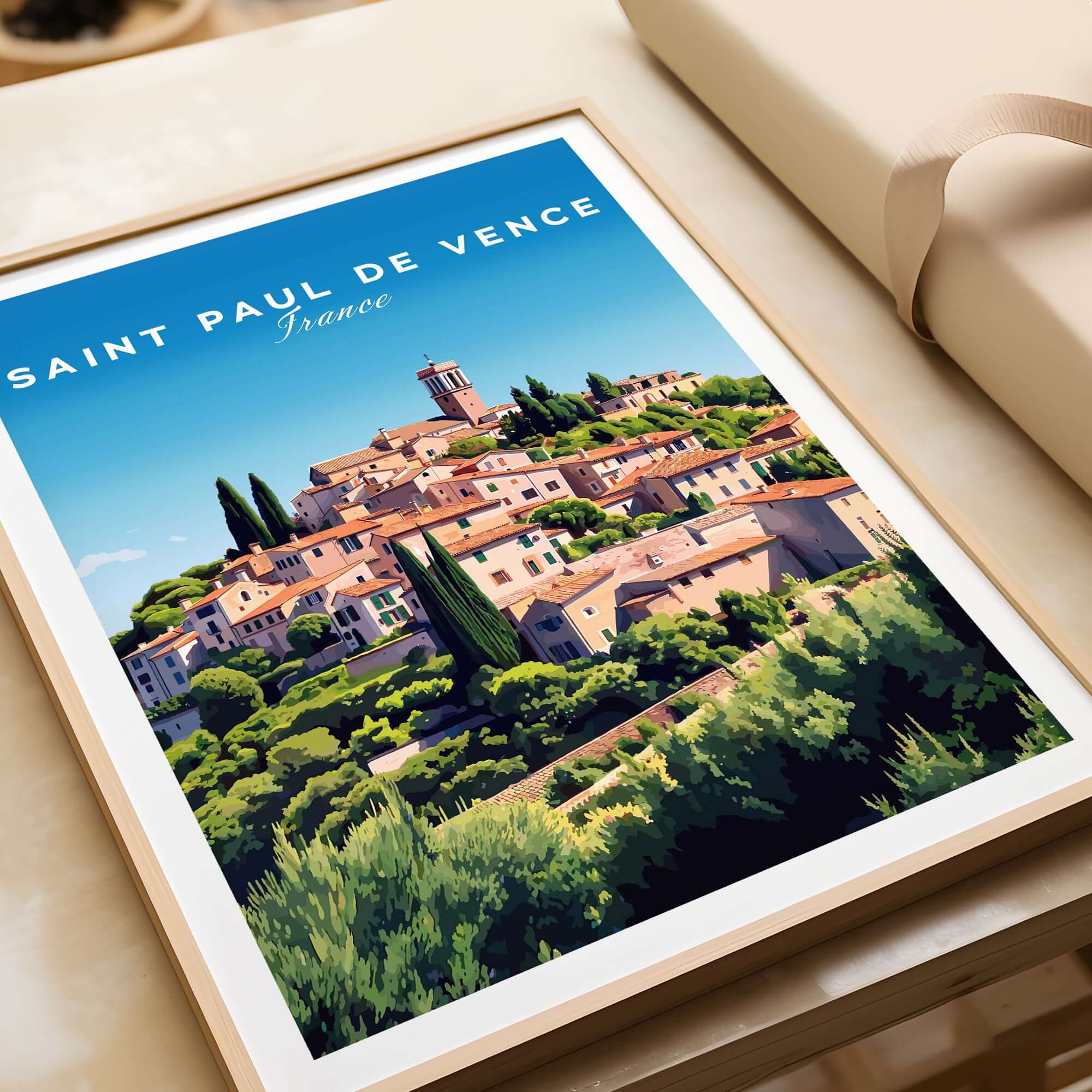 Saint Paul de Vence Print - Provence Village Wall Decor - French Countryside Poster displayed on a neutral background.