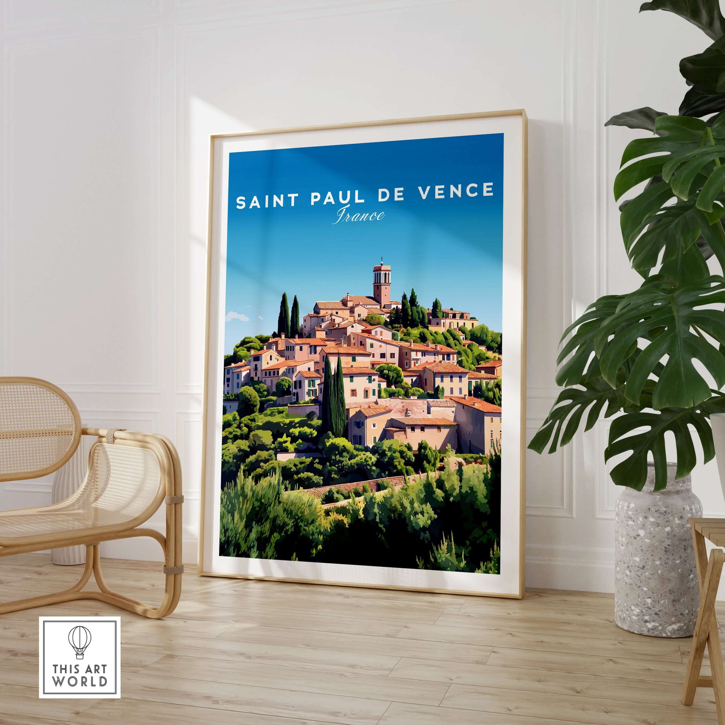 Saint Paul de Vence Print - Provence Village Wall Decor - French Countryside Poster displayed in a stylish interior setting.