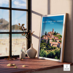 Saint Paul de Vence Print - Provence Village Wall Decor - French Countryside Poster displayed on a window sill.