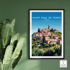 Saint Paul de Vence Print - Provence Village Wall Decor - French Countryside Poster displayed with green plants