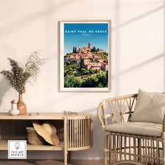 Saint Paul de Vence Print - Provence Village Wall Decor - French Countryside Poster in a stylish living room setting.
