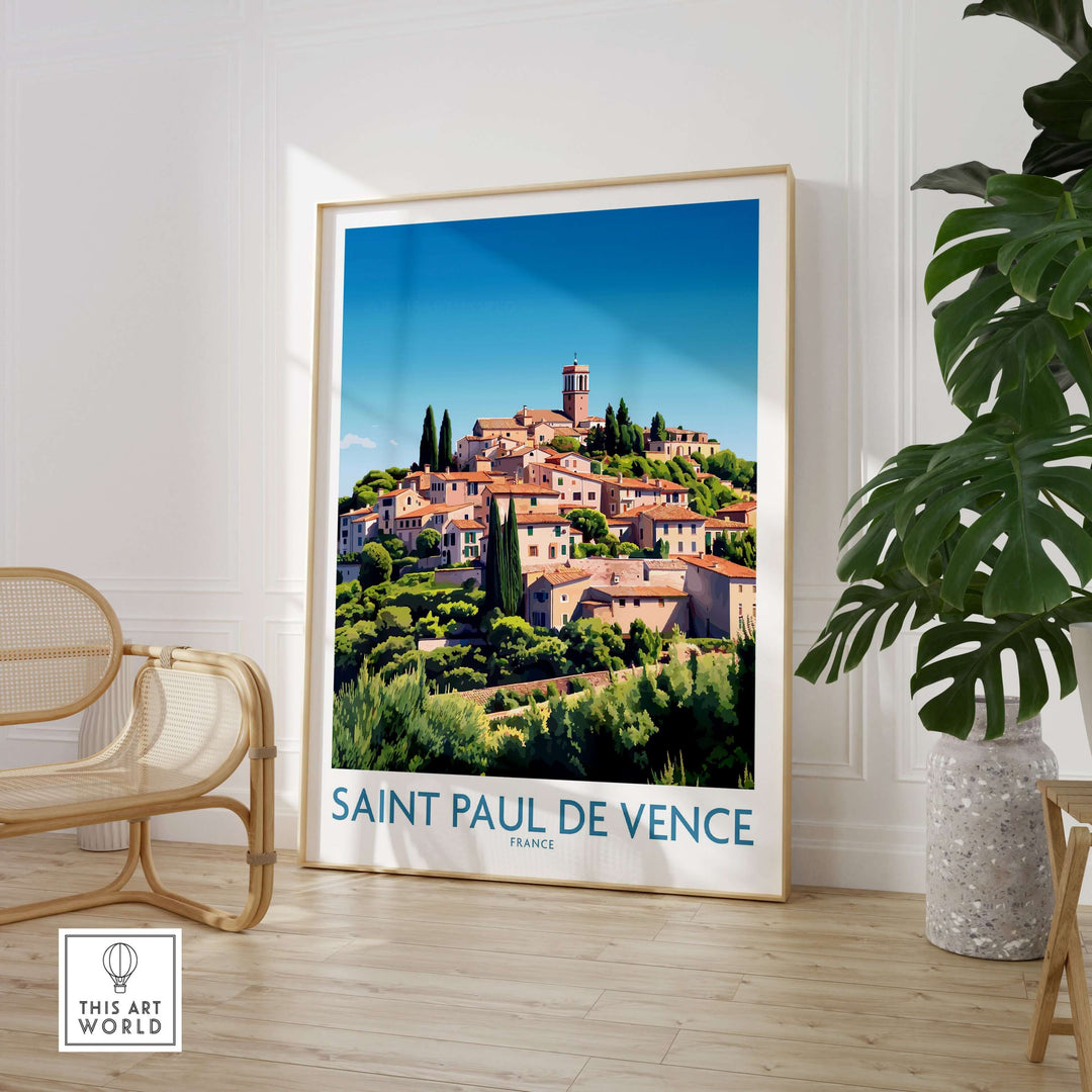 Saint Paul de Vence travel poster showcasing the charming village in the South of France, vibrant colors and Mediterranean landscape.