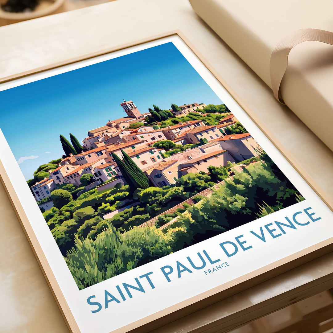 Saint Paul de Vence travel poster featuring vibrant village scenery, perfect for French Riviera wall art.