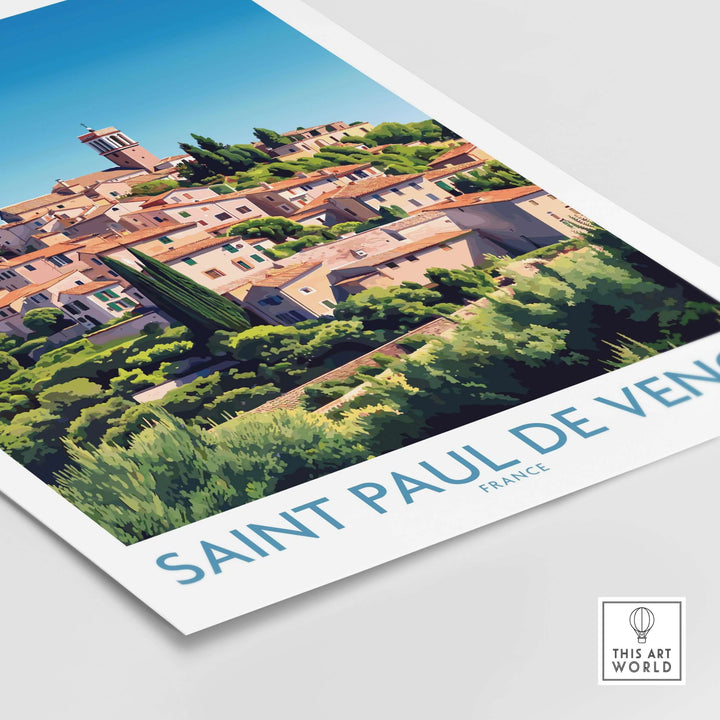 Saint Paul de Vence travel poster showcasing vibrant village streets and greenery, perfect French Riviera wall art.