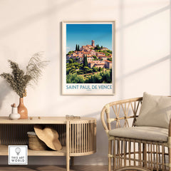 Saint Paul de Vence Travel Poster - French Riviera Wall Art - South of France Print displayed in a stylish living room.