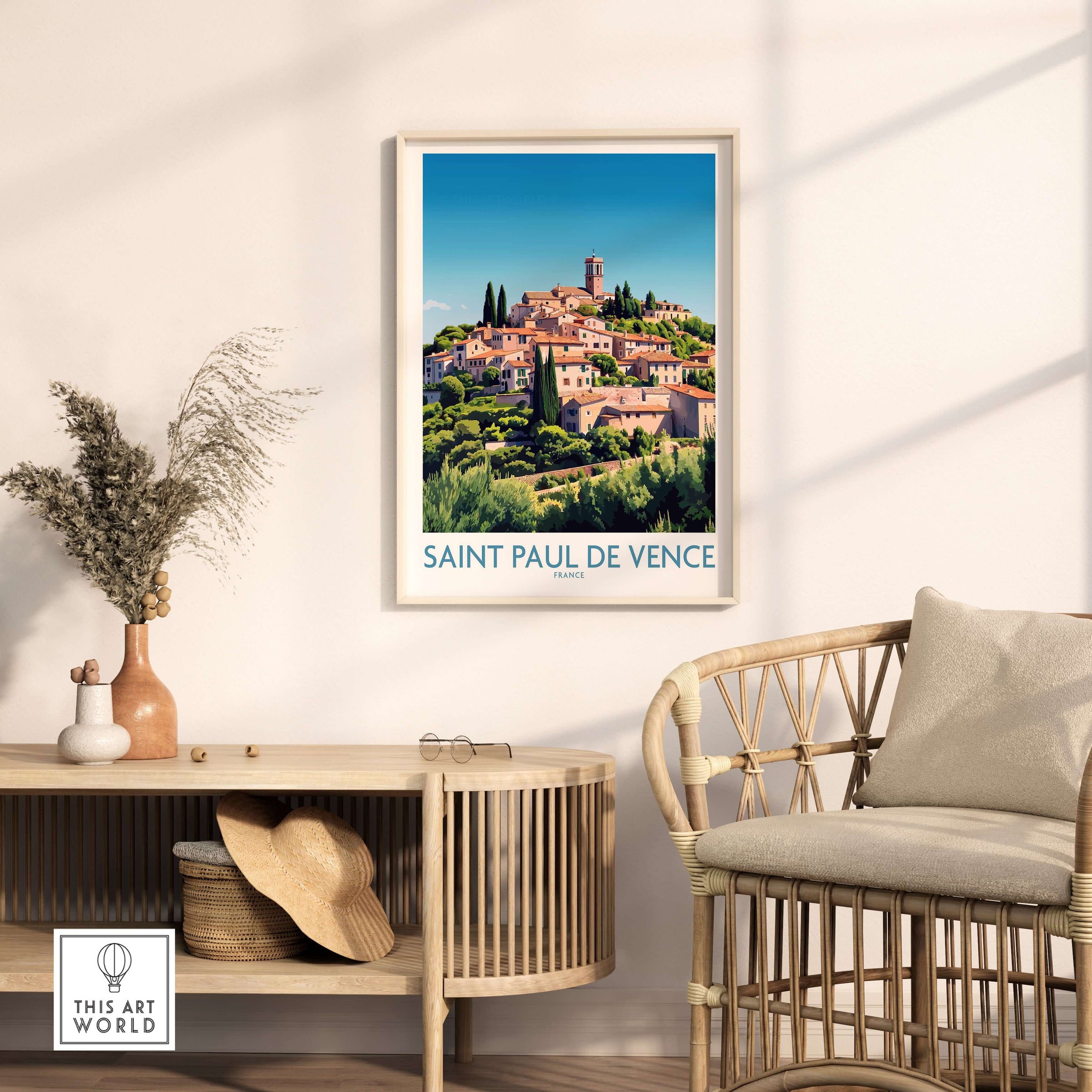 Saint Paul de Vence Travel Poster - French Riviera Wall Art - South of France Print displayed in a stylish living room.