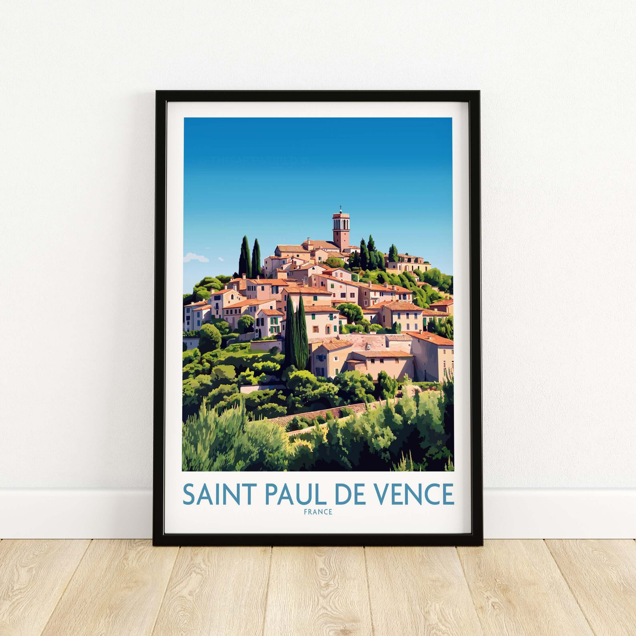 Saint Paul de Vence Travel Poster - French Riviera Wall Art - South of France Print displayed in a frame.