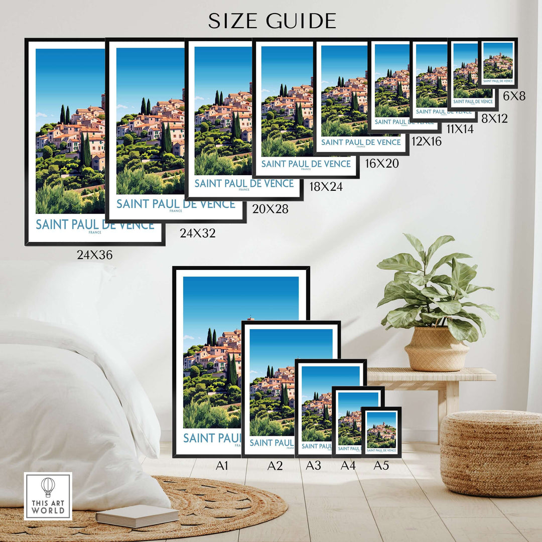 Size guide for Saint Paul de Vence travel poster prints showcasing various dimensions and frames.