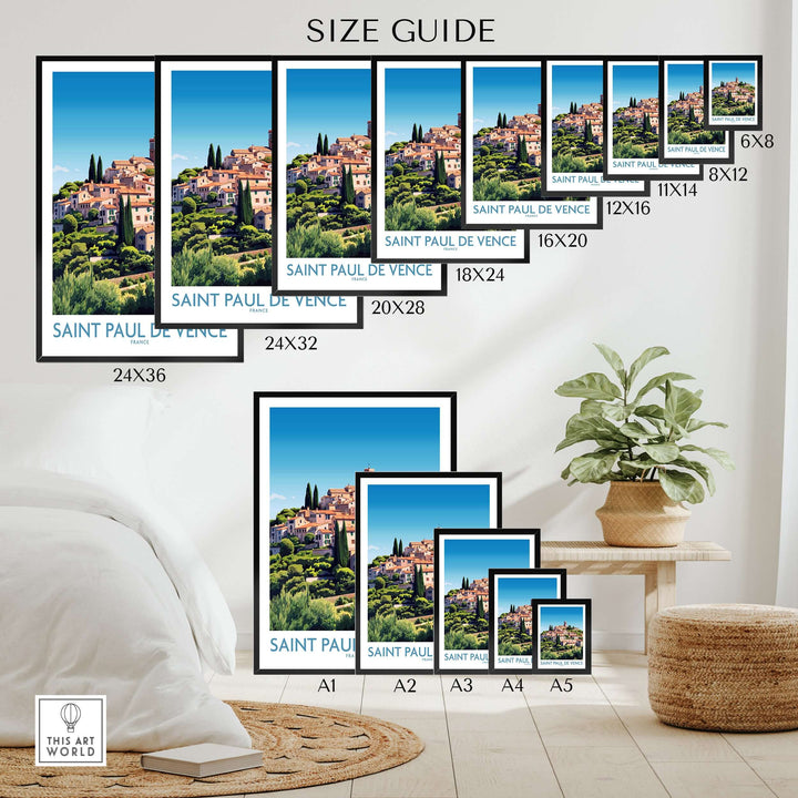 Size guide for Saint Paul de Vence travel poster prints showcasing various dimensions and frames.