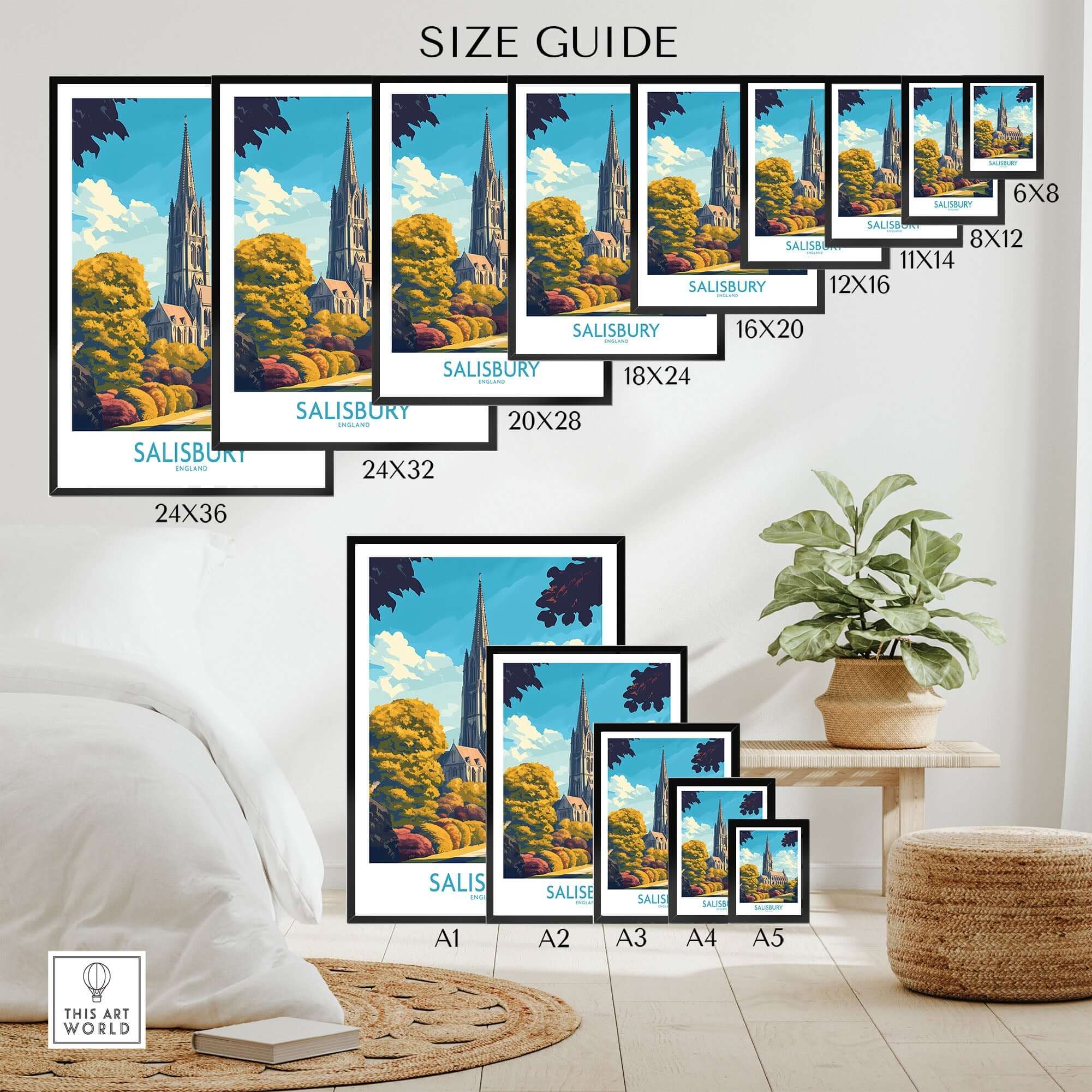 Salisbury Art Print England size guide showcasing various print sizes with Salisbury cathedral illustration.