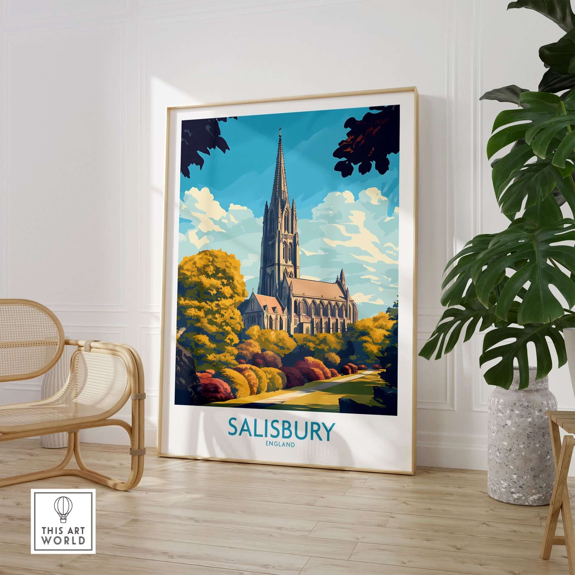 Salisbury Art Print England featuring the stunning architecture of Salisbury Cathedral in a vibrant setting.