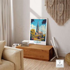 Salisbury Art Print England displayed in a stylish living room with warm colors and modern decor.