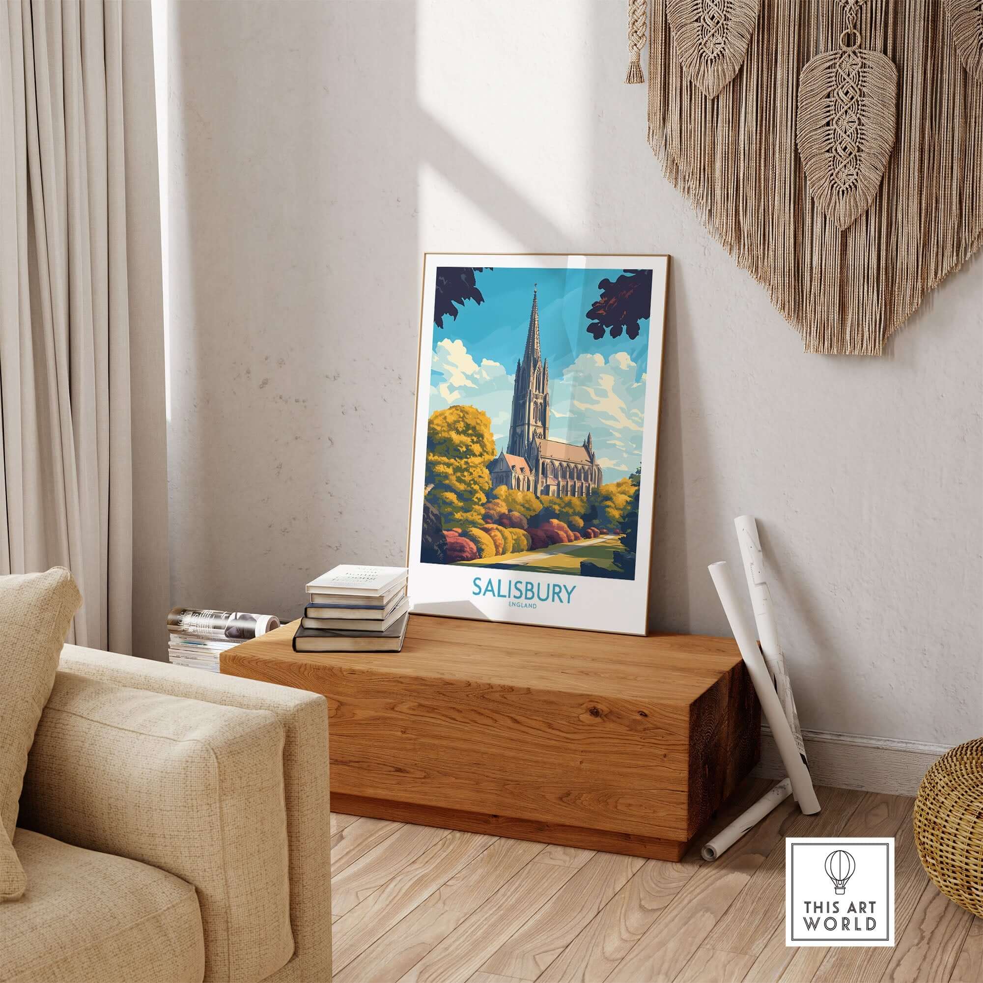 Salisbury Art Print England displayed in a stylish living room with warm colors and modern decor.