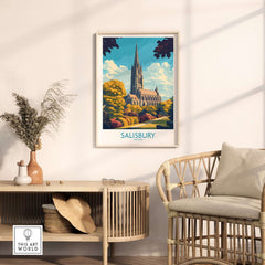 Salisbury Art Print England displayed in a stylish interior, showcasing the stunning cathedral architecture.