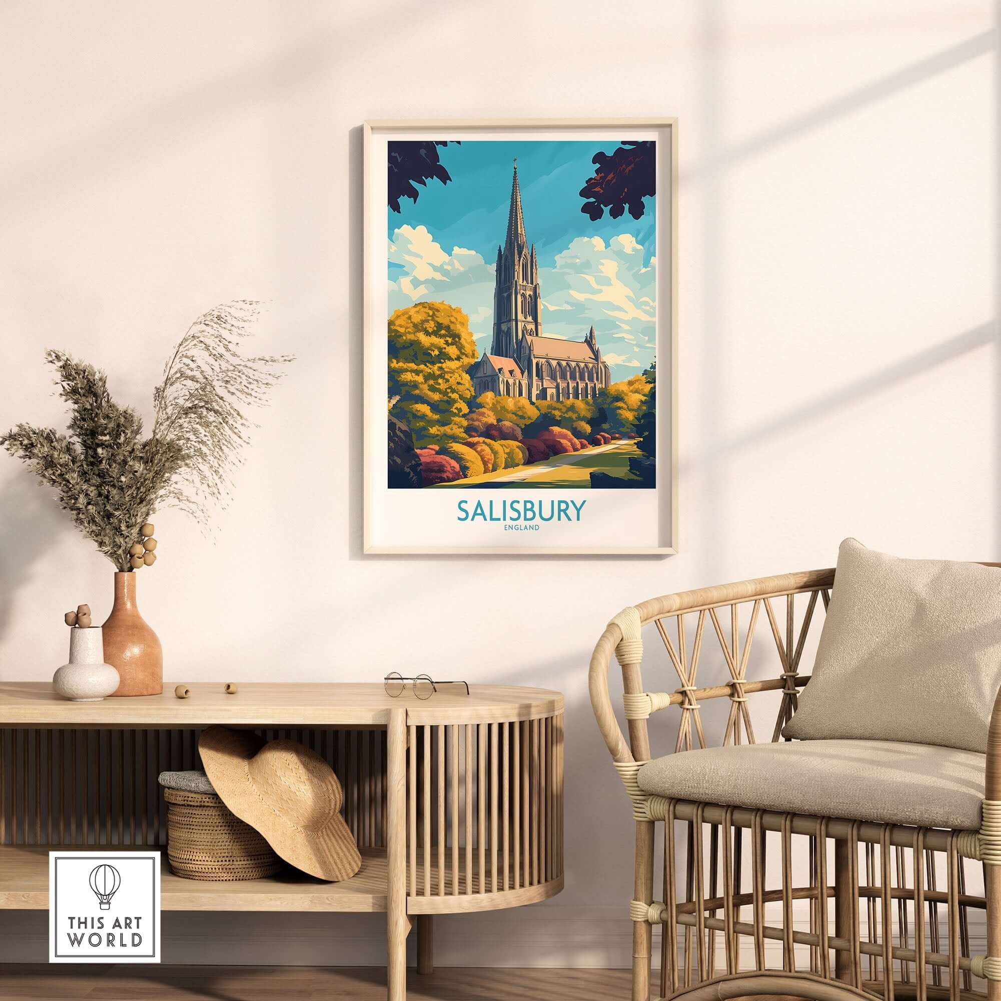 Salisbury Art Print England displayed in a stylish interior, showcasing the stunning cathedral architecture.