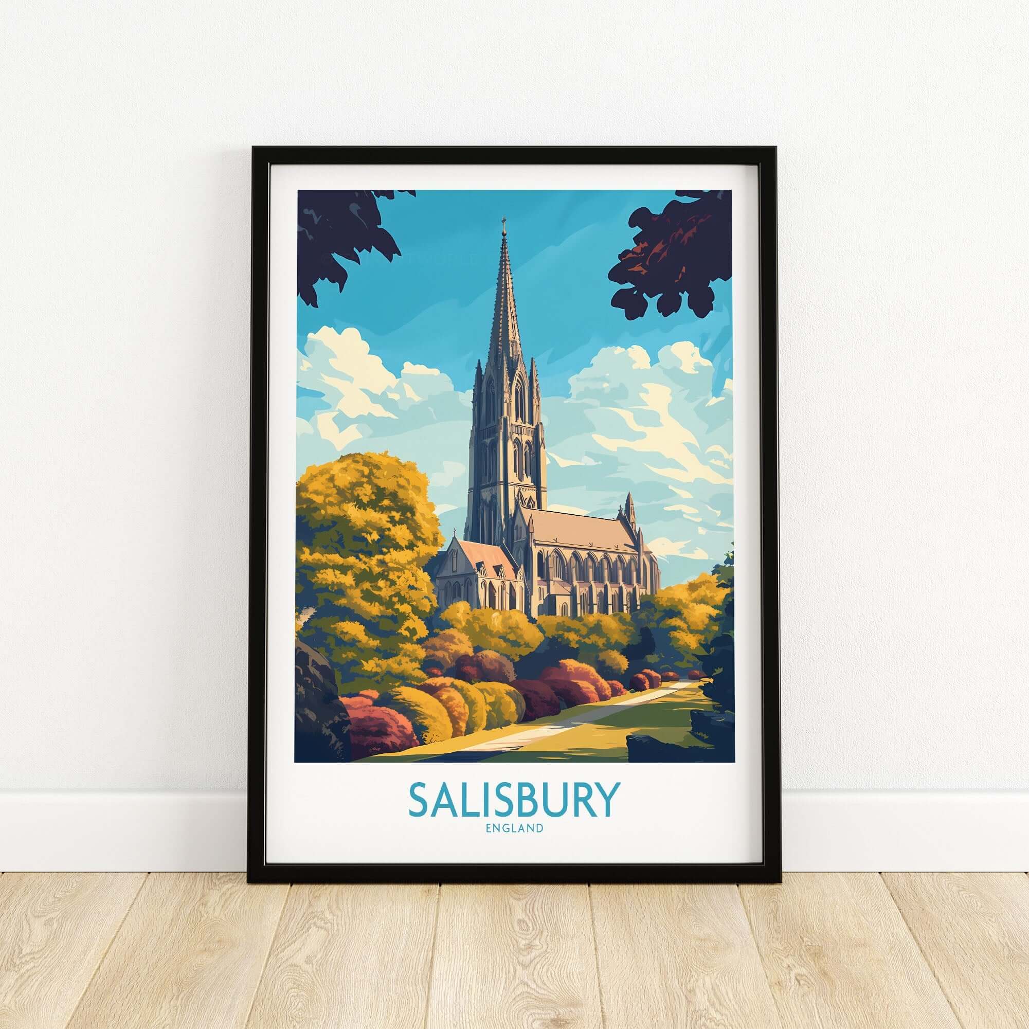 Salisbury Art Print England featuring Salisbury cathedral in vibrant colors and intricate details.