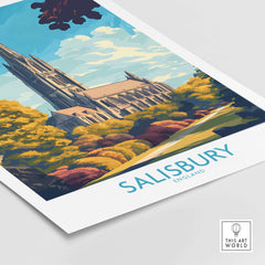 Salisbury Art Print England showcasing the stunning architecture of Salisbury Cathedral and vibrant surrounding landscapes.