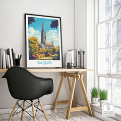 Salisbury Art Print England displayed in a stylish interior setting with bookshelf and plant.