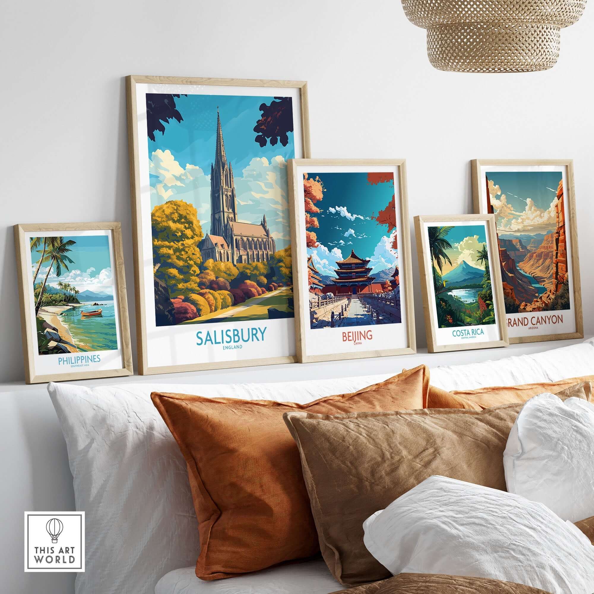 Salisbury Art Print England displayed among other travel posters in a stylish living room setting.