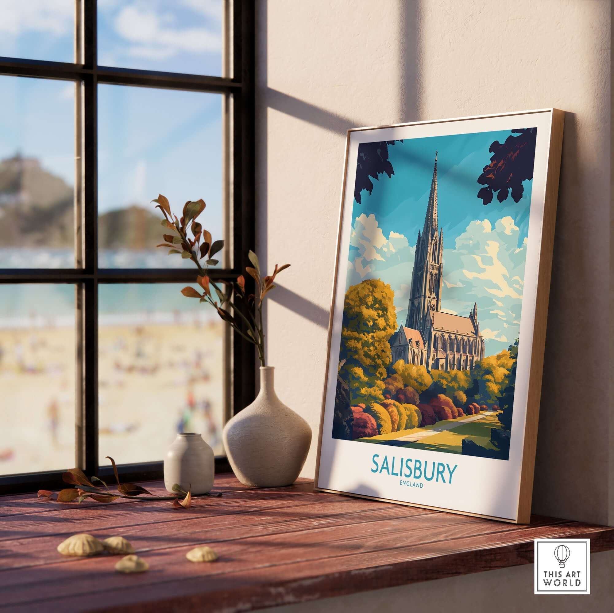 Salisbury Art Print England displayed in a modern interior, capturing the beauty of Salisbury Cathedral.