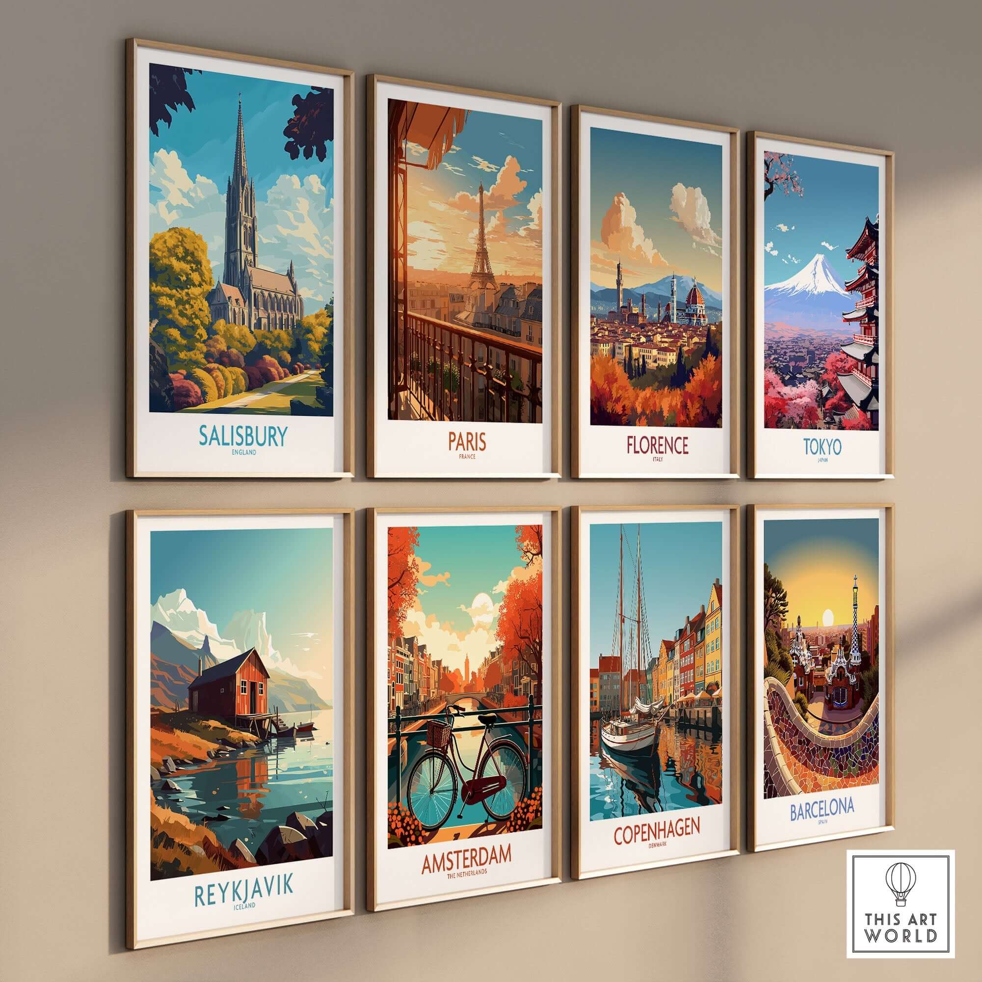 Salisbury Art Print England and other travel posters featuring famous cities in vibrant colors on display.