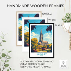 Salisbury Art Print England in handmade wooden frames, featuring natural, white, and black options, ready to hang.