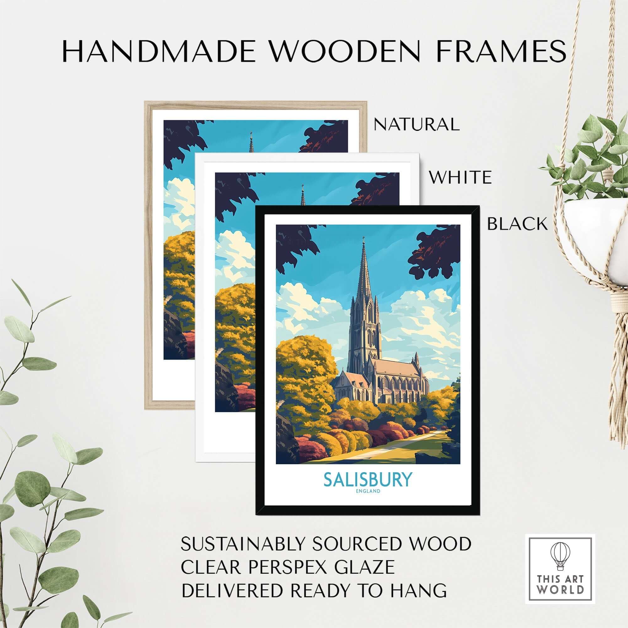 Salisbury Art Print England in handmade wooden frames, featuring natural, white, and black options, ready to hang.