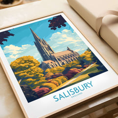 Salisbury Art Print England showcasing the majestic Salisbury Cathedral surrounded by vibrant landscape.