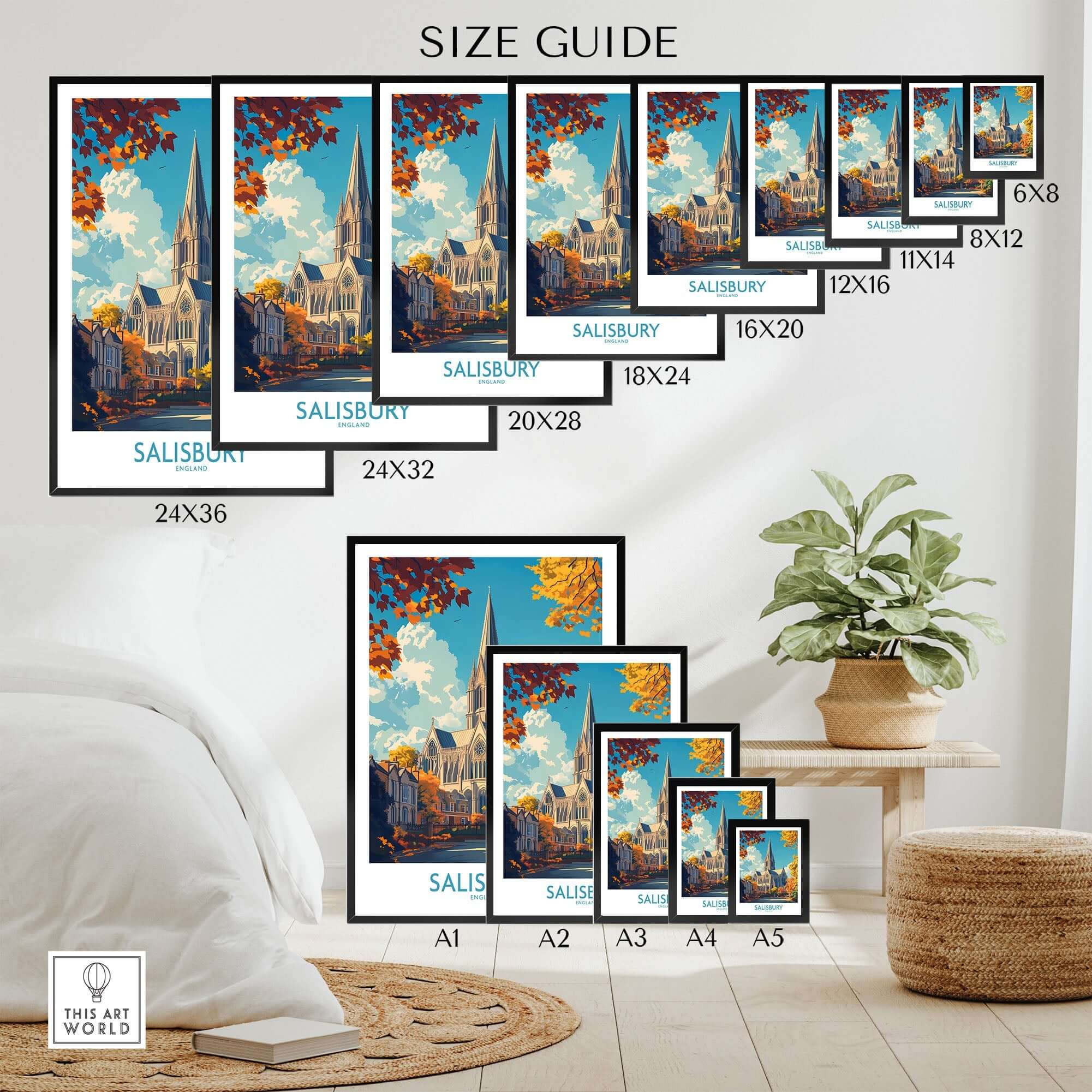 Salisbury Travel Poster size guide on wall art prints featuring cathedral design.