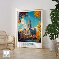 Salisbury Travel Poster showcasing iconic cathedral framed in a stylish room with vibrant autumn colors.