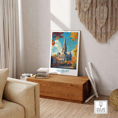 Salisbury Travel Poster showcasing the iconic cathedral in beautiful autumn colors, perfect for wall art decor.