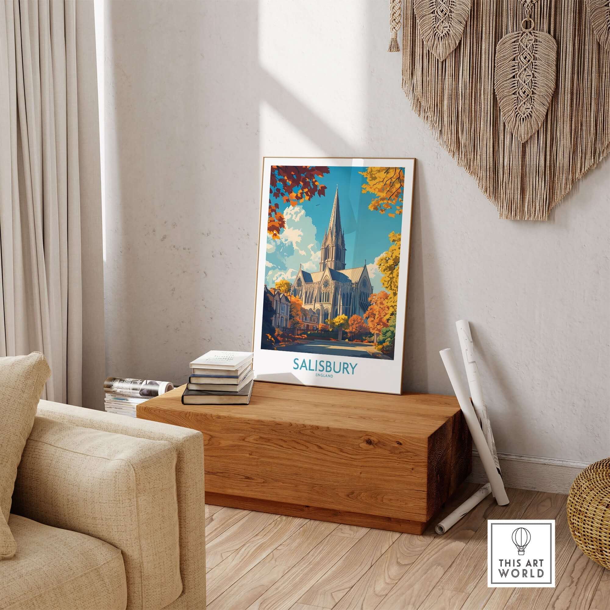 Salisbury Travel Poster showcasing the iconic cathedral in beautiful autumn colors, perfect for wall art decor.