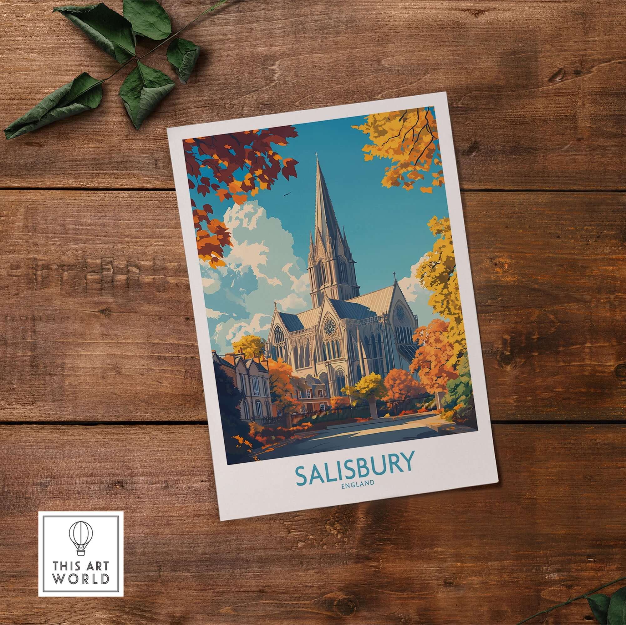 Salisbury Travel Poster featuring the iconic cathedral surrounded by autumn leaves and blue skies.