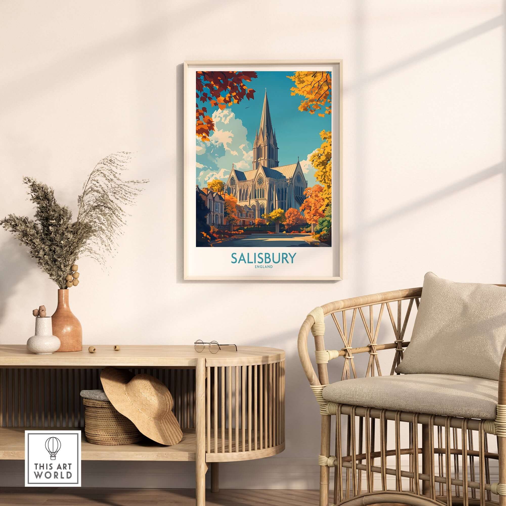 Salisbury Travel Poster showcasing the iconic cathedral surrounded by autumnal colors in a stylish interior setting.