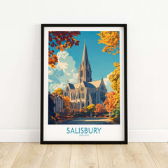 Salisbury Travel Poster showcasing the iconic cathedral in autumn colors, perfect for wall art decor.