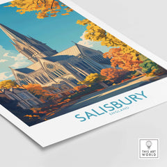Salisbury Travel Poster featuring the iconic cathedral surrounded by autumn foliage.