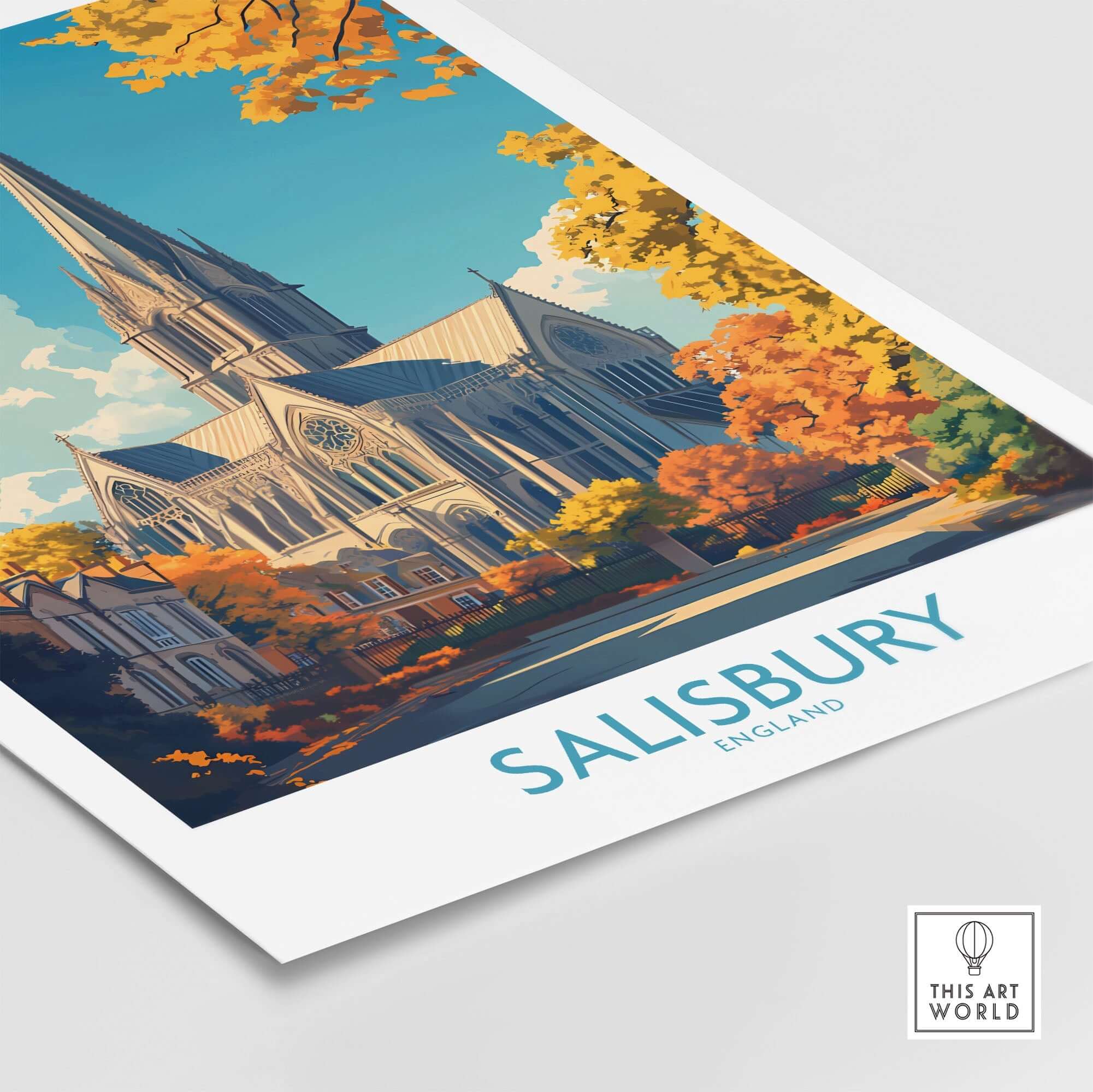 Salisbury Travel Poster featuring the iconic cathedral surrounded by autumn foliage.