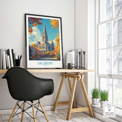 Salisbury Travel Poster displayed in a modern workspace, showcasing the iconic cathedral and vibrant autumn leaves.