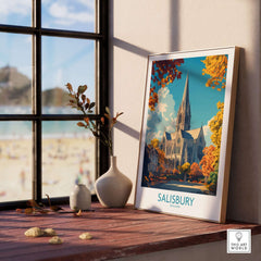Salisbury Travel Poster showcasing the iconic cathedral with vibrant fall colors in a cozy interior setting.