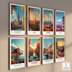 Salisbury Travel Poster showcasing the iconic cathedral alongside other vibrant city travel posters.
