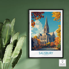 Salisbury Travel Poster showcasing the iconic cathedral with autumn foliage in a stylish wall art print.